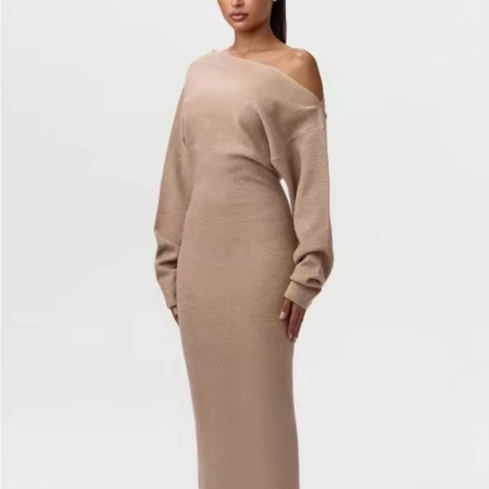 Elegant Tan Off-Shoulder Dress